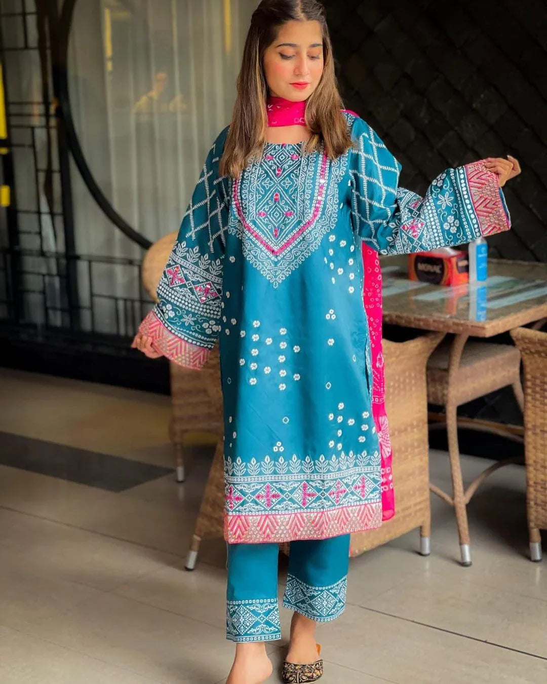 3 Pcs Women's Stitched Katan Silk Printed Suit