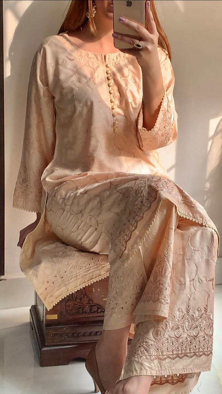 2 Pcs Women's Stitched Linen Chikankari Embroidered Suit