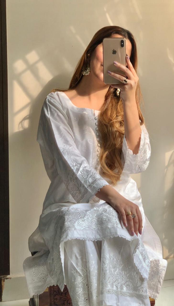 2 Pcs Women's Stitched Linen Chikankari Embroidered Suit