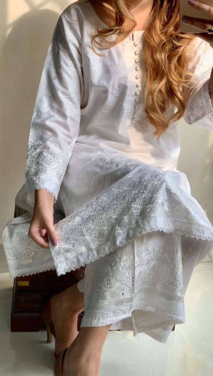 2 Pcs Women's Stitched Linen Chikankari Embroidered Suit