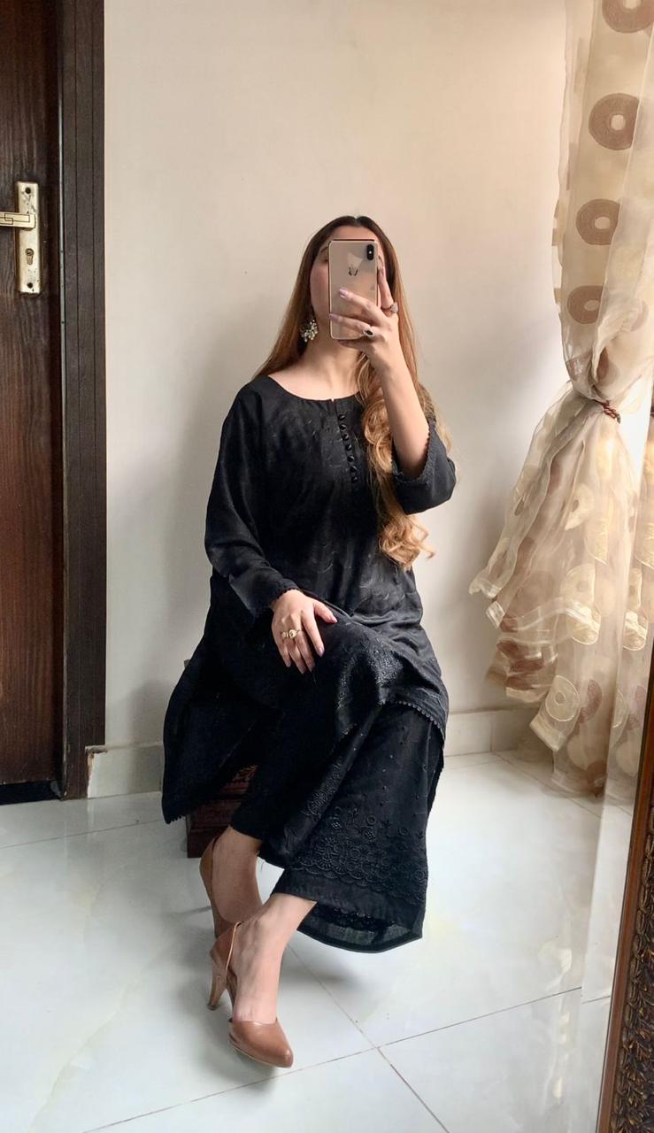 2 Pcs Women's Stitched Linen Chikankari Embroidered Suit