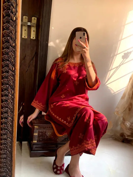 2 Pcs Women's Stitched Linen Embroidered Shirt and Trouser