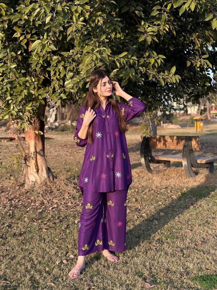 2 Pcs Women's Stitched Linen Embroidered Suit