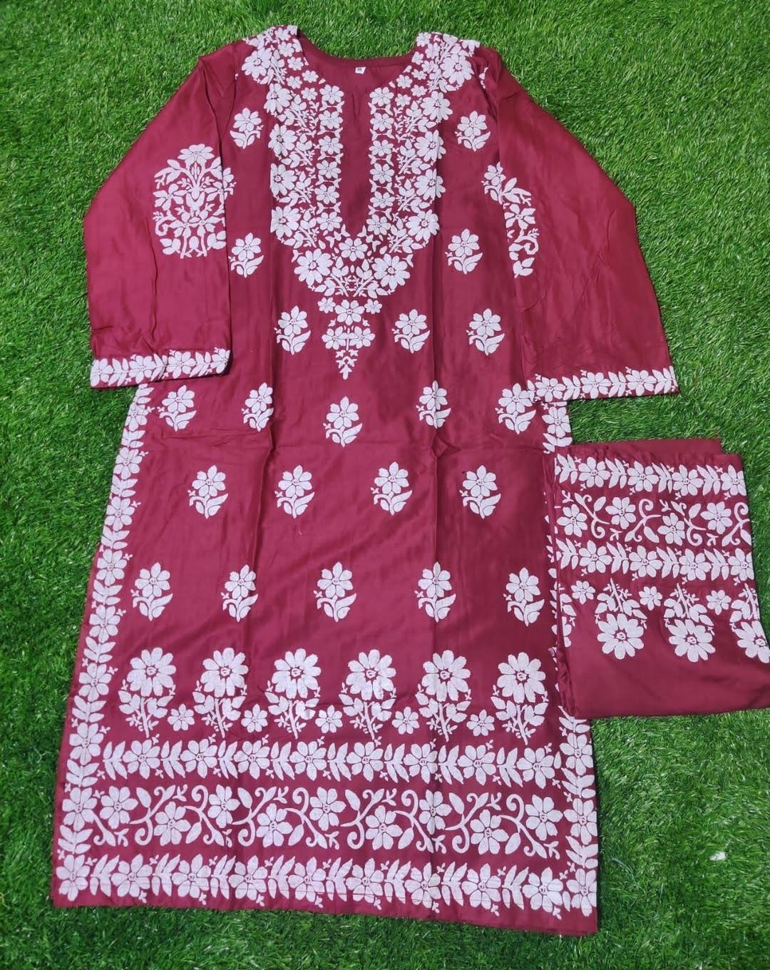 2 Pcs Women's Stitched Linen Chikankari Embroidered Shirt and Trouser