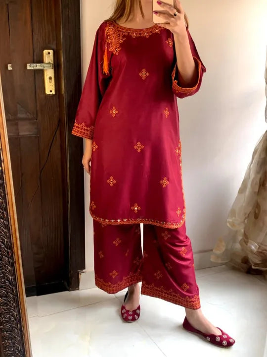 2 Pcs Women's Stitched Linen Embroidered Shirt and Trouser