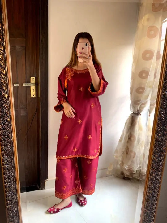 2 Pcs Women's Stitched Linen Embroidered Shirt and Trouser