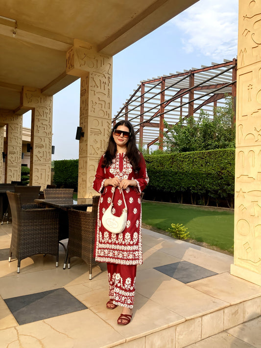 2 Pcs Women's Stitched Linen Chikankari Embroidered Shirt and Trouser