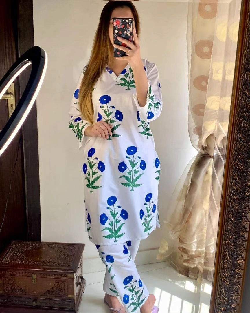 2 Pcs Women's Stitched Linen Printed Shirt and Trouser