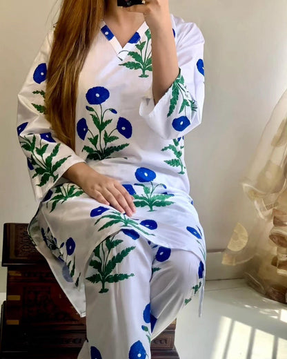 2 Pcs Women's Stitched Linen Printed Shirt and Trouser