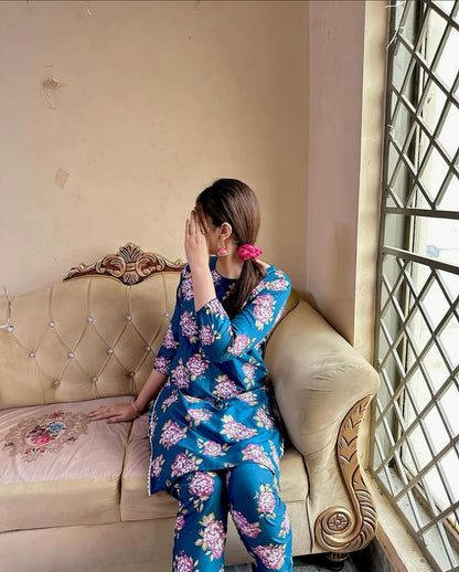 2 Pcs Women’s Stitched Linen Printed Shirt and Trouser