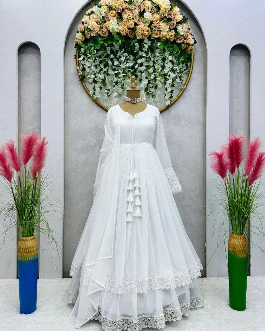Party Wear Long Gown – 3 Pcs Women's Stitched Chiffon Plain Suit
