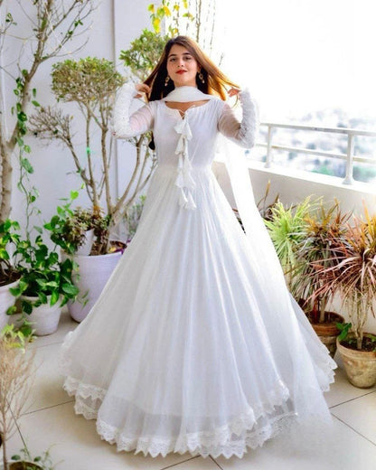 Party Wear Long Gown – 3 Pcs Women's Stitched Chiffon Plain Suit