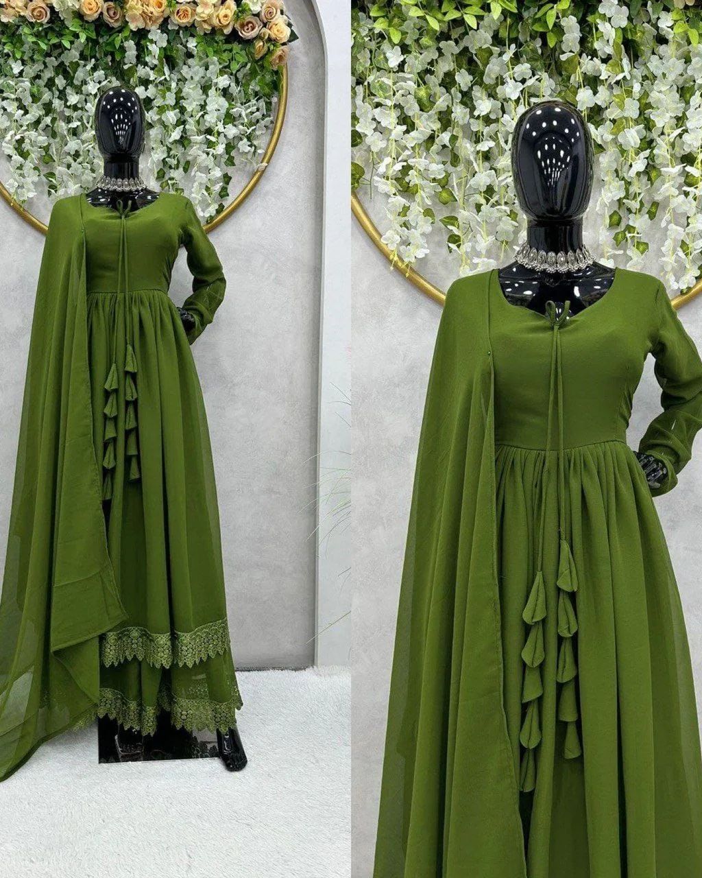 Party Wear Long Gown – 3 Pcs Women's Stitched Chiffon Plain Suit