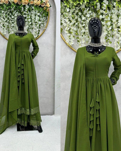 Party Wear Long Gown – 3 Pcs Women's Stitched Chiffon Plain Suit