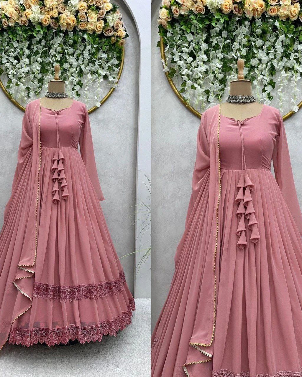 Party Wear Long Gown – 3 Pcs Women's Stitched Chiffon Plain Suit