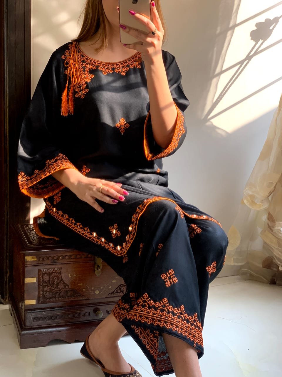 2 Pcs Women's Stitched Linen Embroidered Shirt and Trouser