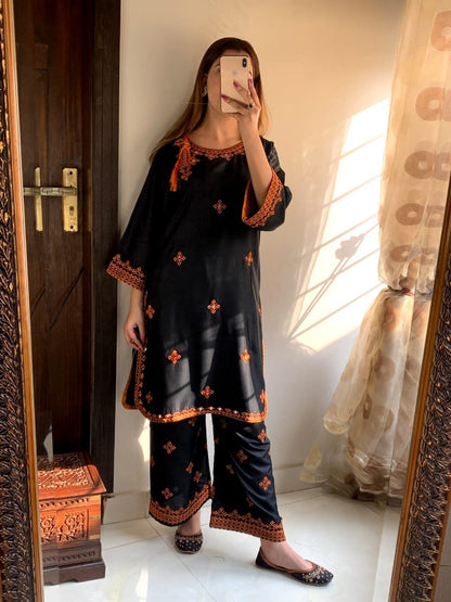 2 Pcs Women's Stitched Linen Embroidered Shirt and Trouser