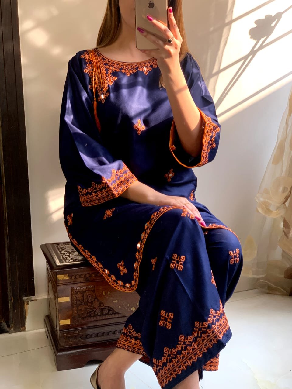 2 Pcs Women's Stitched Linen Embroidered Shirt and Trouser