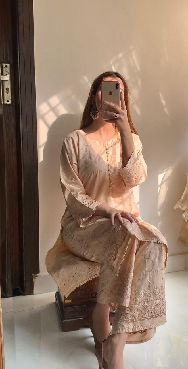 2 Pcs Women's Stitched Linen Chikankari Embroidered Suit
