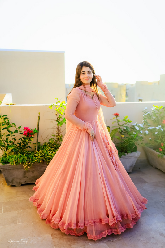 Party Wear Long Gown – 3 Pcs Women's Stitched Chiffon Plain Suit
