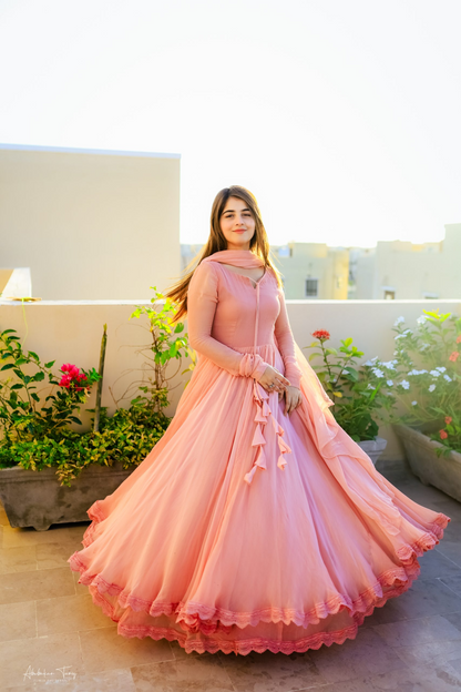 Party Wear Long Gown – 3 Pcs Women's Stitched Chiffon Plain Suit