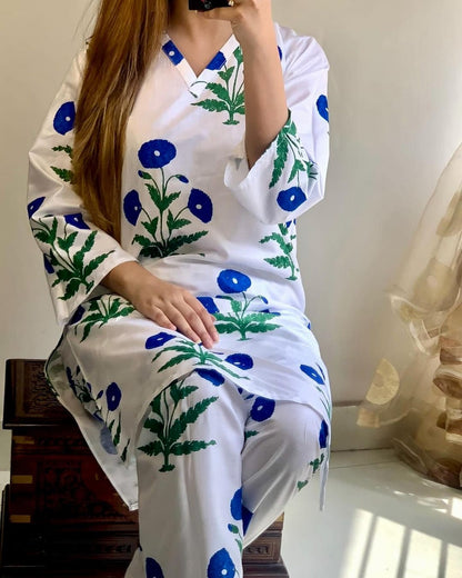 2 Pcs Women's Stitched Linen Printed Shirt and Trouser