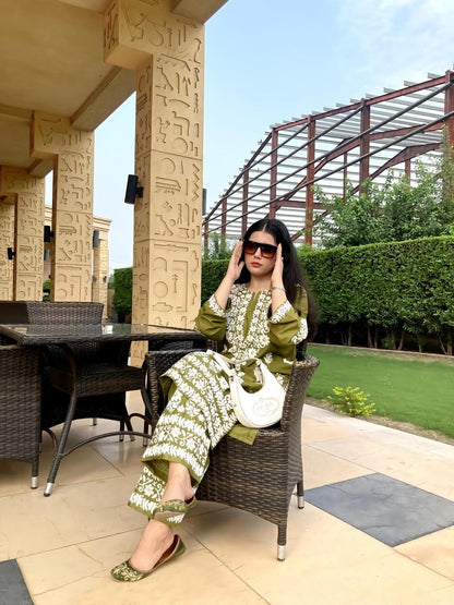 2 Pcs Women's Stitched Linen Chikankari Embroidered Shirt and Trouser