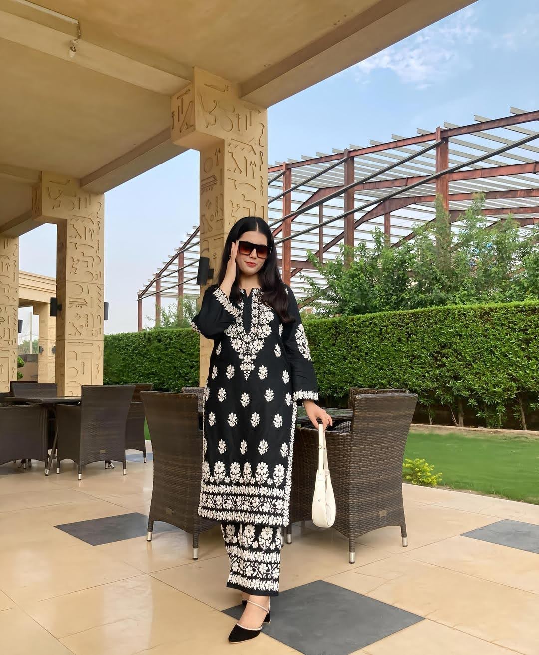 2 Pcs Women's Stitched Linen Chikankari Embroidered Shirt and Trouser