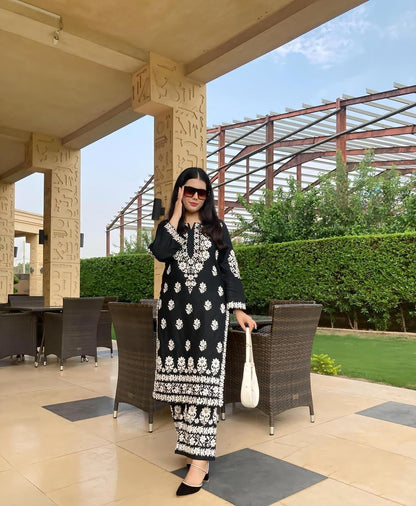 2 Pcs Women's Stitched Linen Chikankari Embroidered Shirt and Trouser