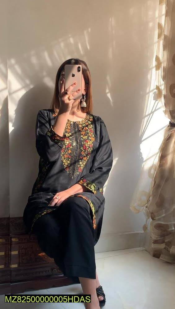 2 Pcs Women's Stitched Linen Embroidered Suit